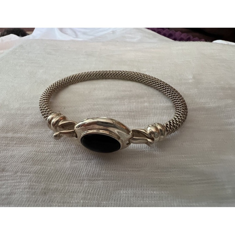 Vintage ESPO SIG 925 Sterling Silver Mesh Hook Bangle Bracelet with Black Onyx C